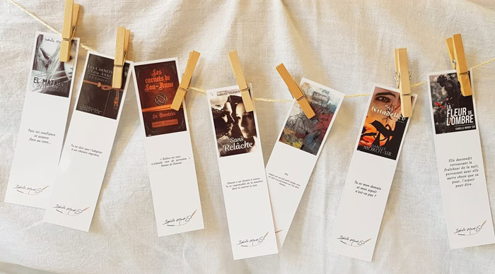 Marque-pages réalisés pour le stand d'Isabelle Morot-Sir lors du Salon du Livre de Paris 2019, représentant plusieurs de ses romans.