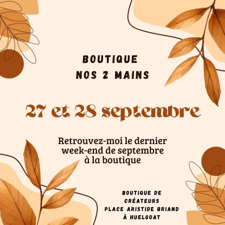 Affiche annonçant la présence d'Isabelle Morot-Sir à la boutique Nos 2 mains à Huelgoat les 27 et 28 septembre 2025.