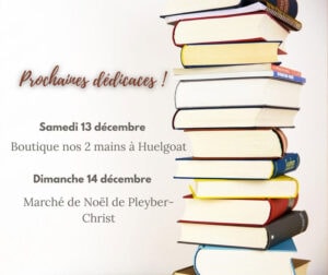 Affiche annonçant les derniers rendez-vous littéraires d'Isabelle Morot-Sir en décembre 2025 à Huelgoat et Pleyber-Christ.