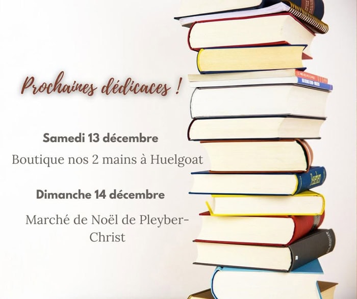 Affiche annonçant les derniers rendez-vous littéraires d'Isabelle Morot-Sir en décembre 2025 à Huelgoat et Pleyber-Christ.