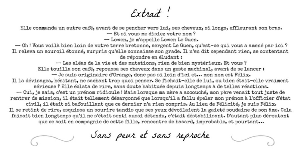 Extrait du roman Sans peur et sans reproche d'Isabelle Morot-Sir présentant la rencontre entre Lowen et Félix.
