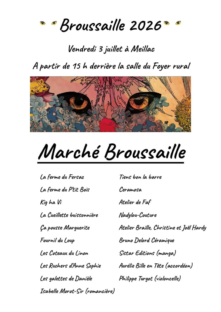 Programme du Marché Broussaille 2026 à Meillac avec la liste des exposants.