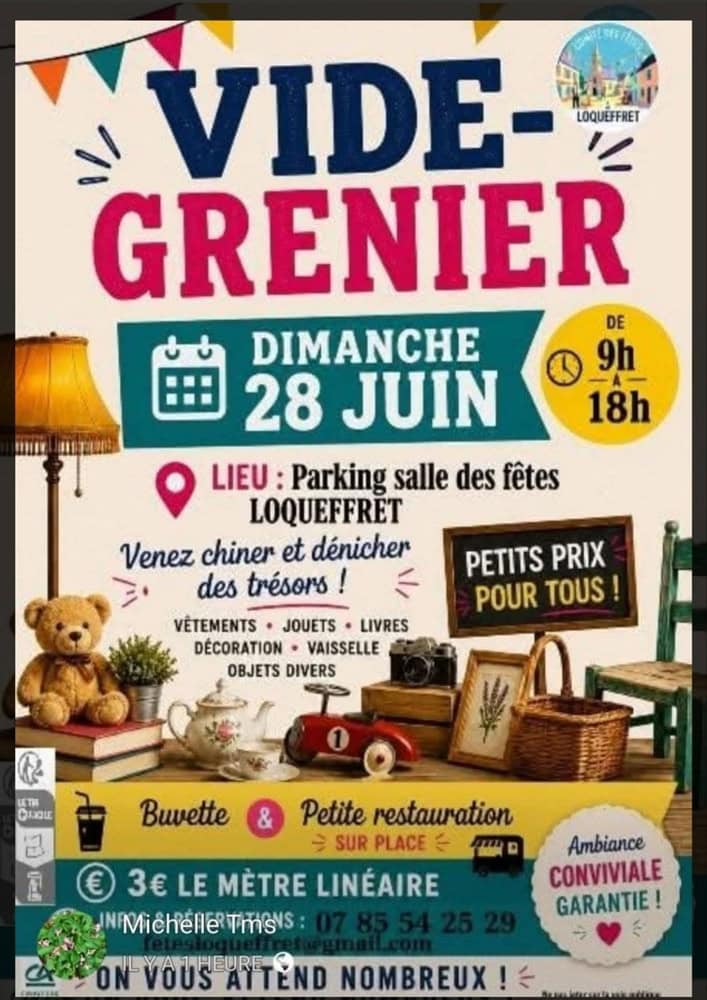 Affiche du vide-grenier de Loqueffret organisé le dimanche 28 juin 2026.